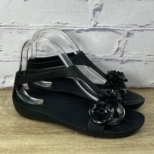 Crocs Serena Embellished Black Floral Sandal Women's 7 Comfort T-Strap Slingback